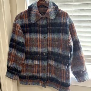 Kenneth Cole Fuzzy Plaid Barn Coat